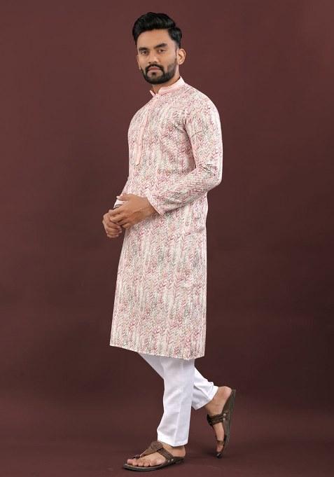 Pink Digital Printed Linen Kurta Set For Men