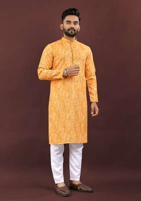 Light Yellow Digital Printed Linen Kurta Set For Men