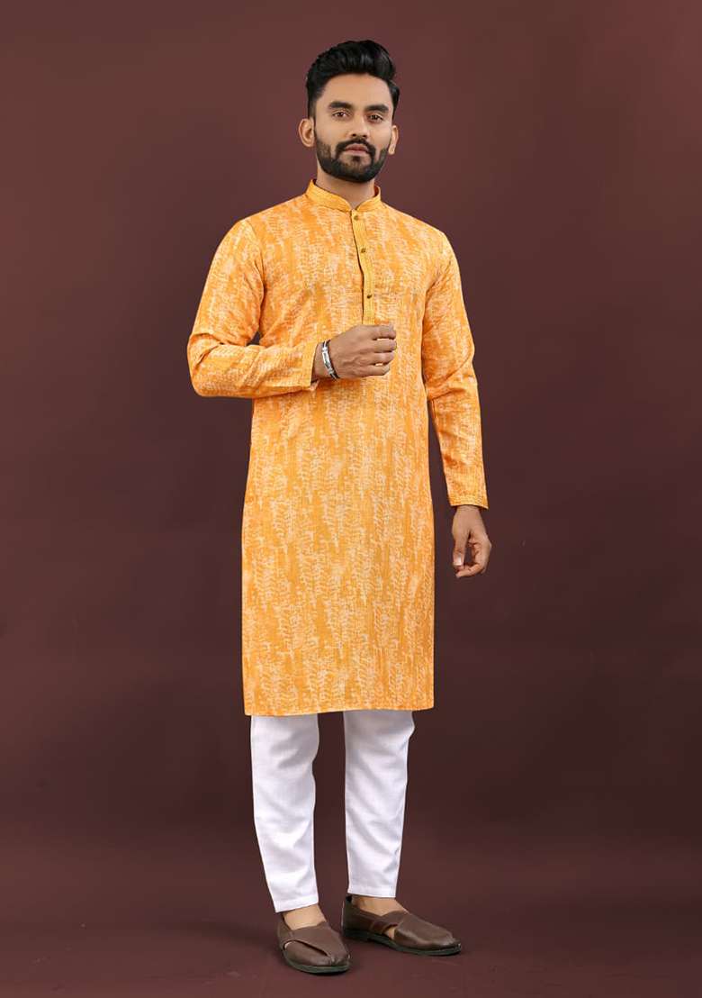 Light Yellow Digital Printed Linen Kurta Set For Men - Indya