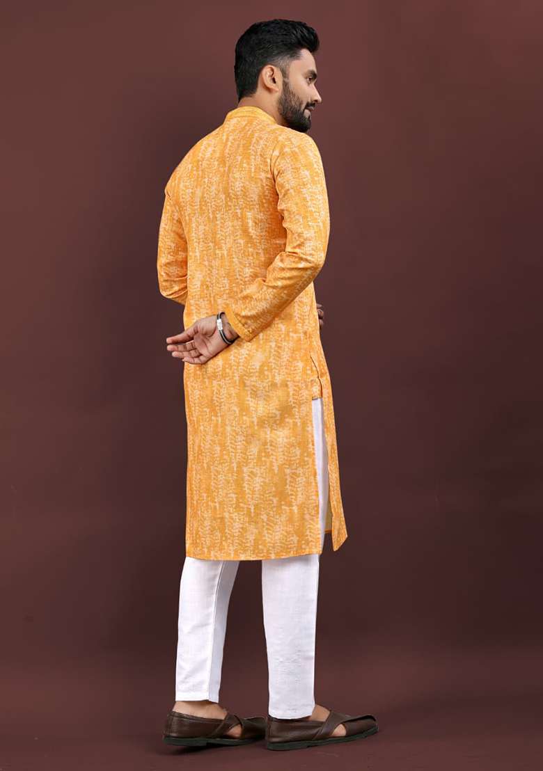 Light Yellow Digital Printed Linen Kurta Set For Men - Indya