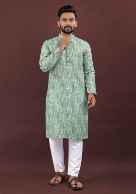 Sea Green Digital Printed Linen Kurta Set For Men