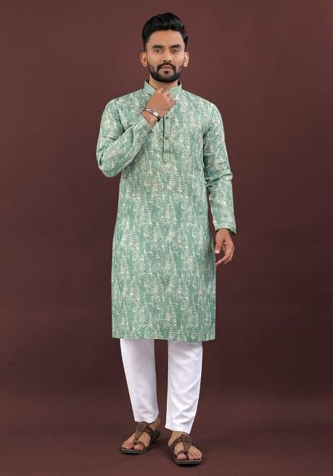 Sea Green Digital Printed Linen Kurta Set For Men
