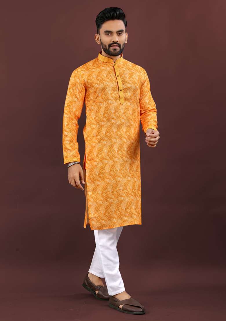 Dark Yellow Digital Printed Linen Kurta Set For Men - Indya