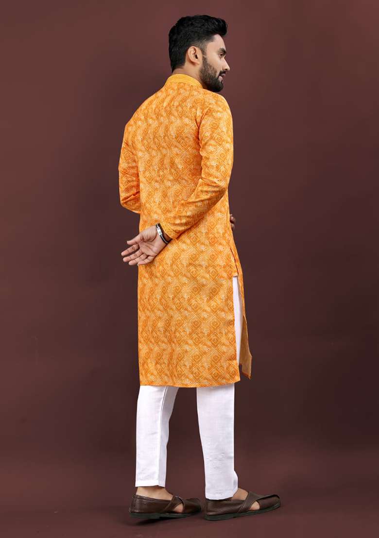 Dark Yellow Digital Printed Linen Kurta Set For Men - Indya