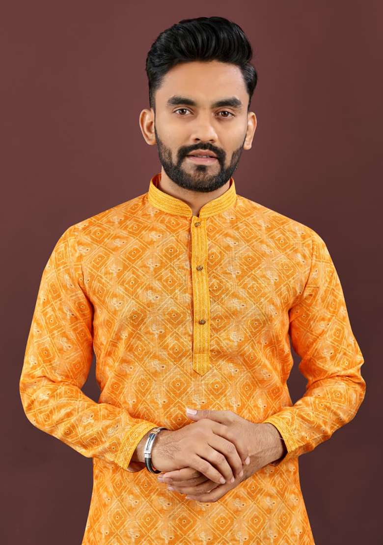 Dark Yellow Digital Printed Linen Kurta Set For Men - Indya