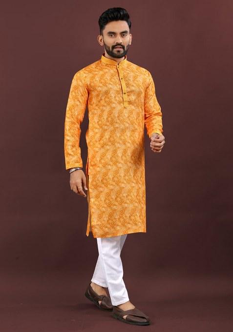 Dark Yellow Digital Printed Linen Kurta Set For Men