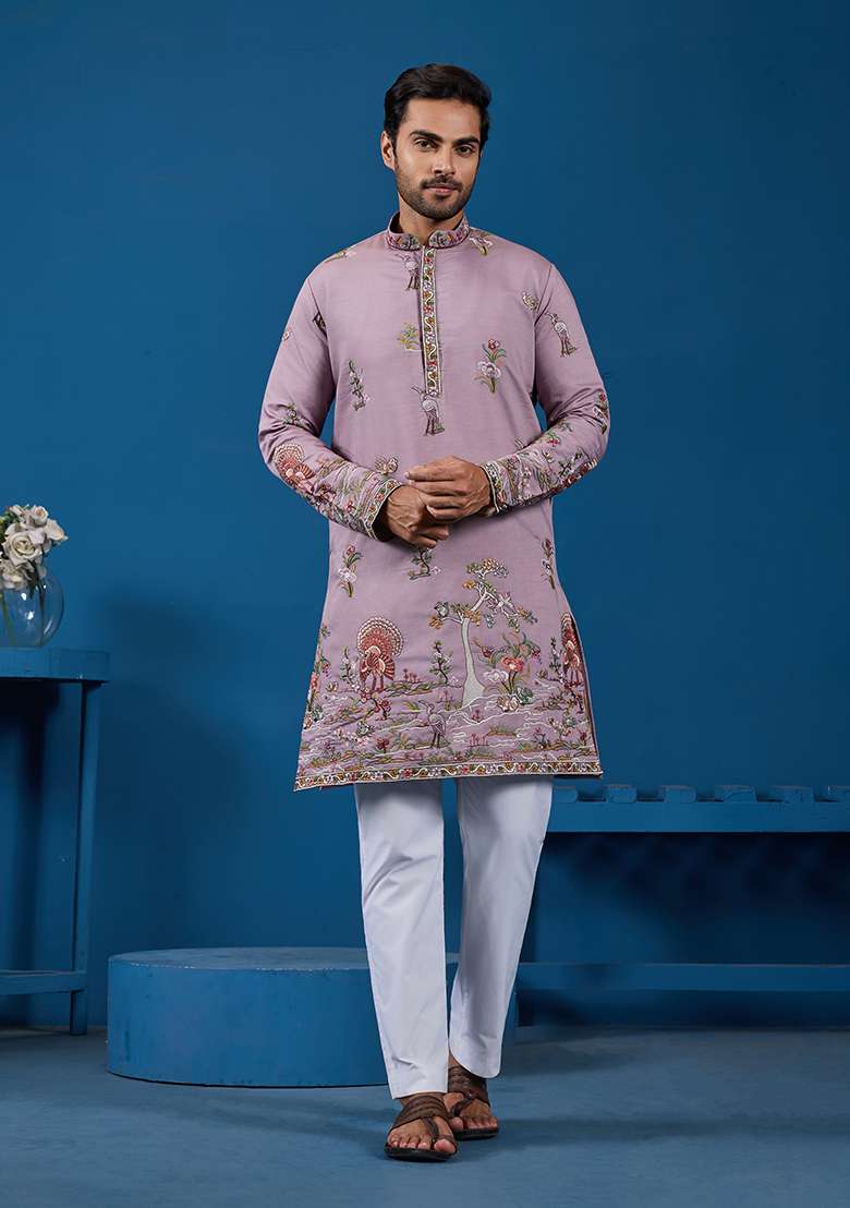 Dusty Pink Thread And Sequence Work Silk Blend Kurta Set For Men - Indya