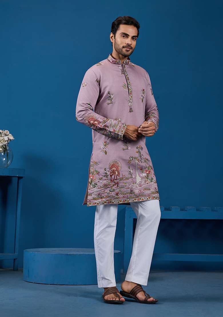 Dusty Pink Thread And Sequence Work Silk Blend Kurta Set For Men - Indya
