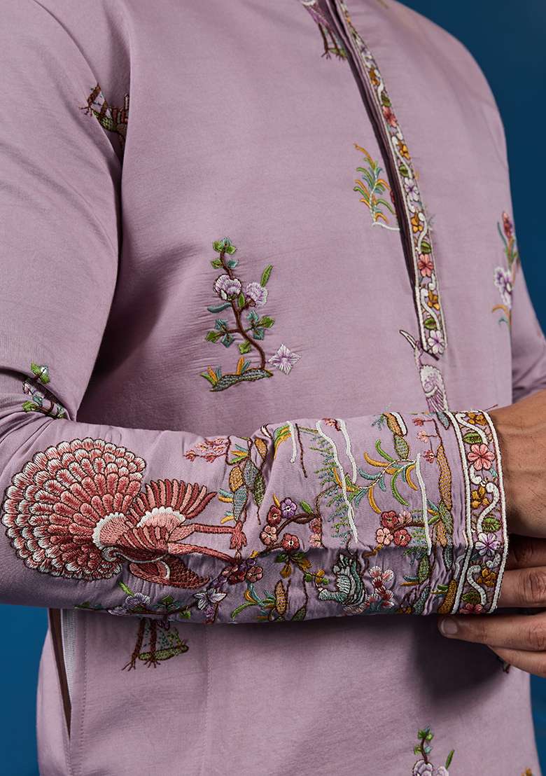 Dusty Pink Thread And Sequence Work Silk Blend Kurta Set For Men - Indya
