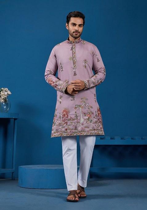 Dusty Pink Thread And Sequence Work Silk Kurta Set For Men