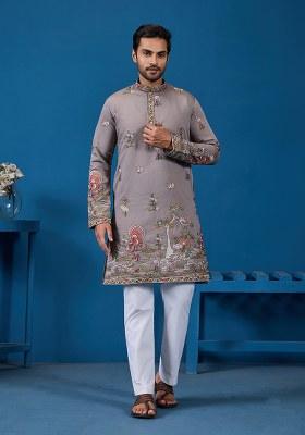 Gray Thread And Sequence Work Silk Kurta Set For Men