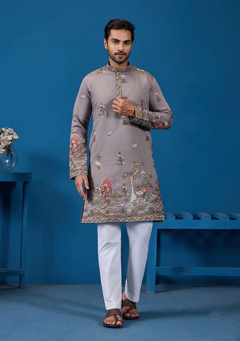 Gray Thread And Sequence Work Silk Blend Kurta Set For Men - Indya