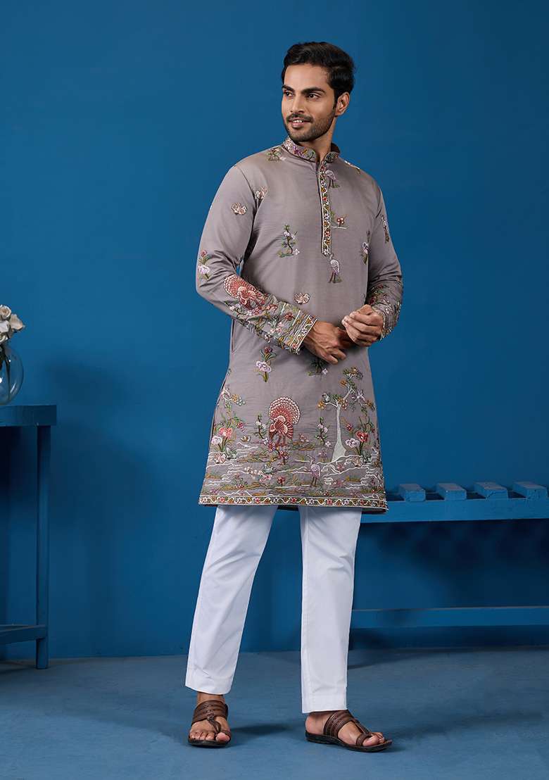 Gray Thread And Sequence Work Silk Blend Kurta Set For Men - Indya