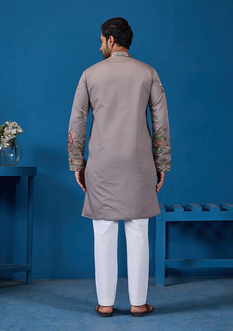 Gray Thread And Sequence Work Silk Blend Kurta Set For Men - Indya