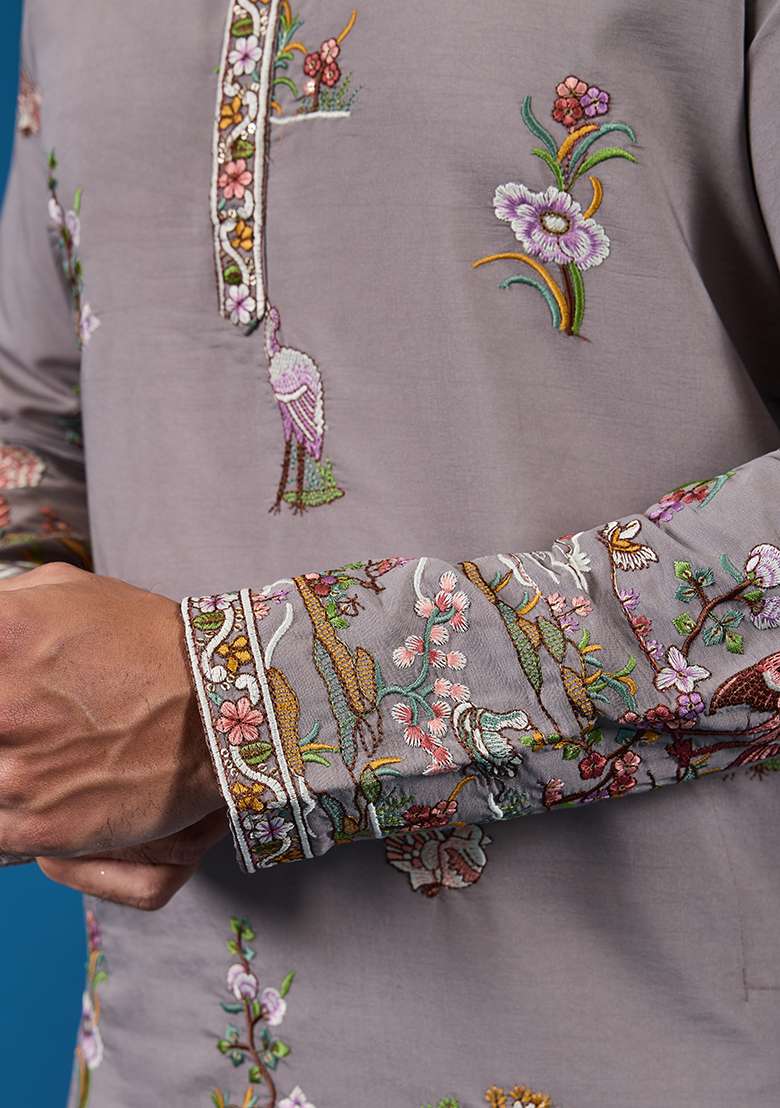 Gray Thread And Sequence Work Silk Blend Kurta Set For Men - Indya