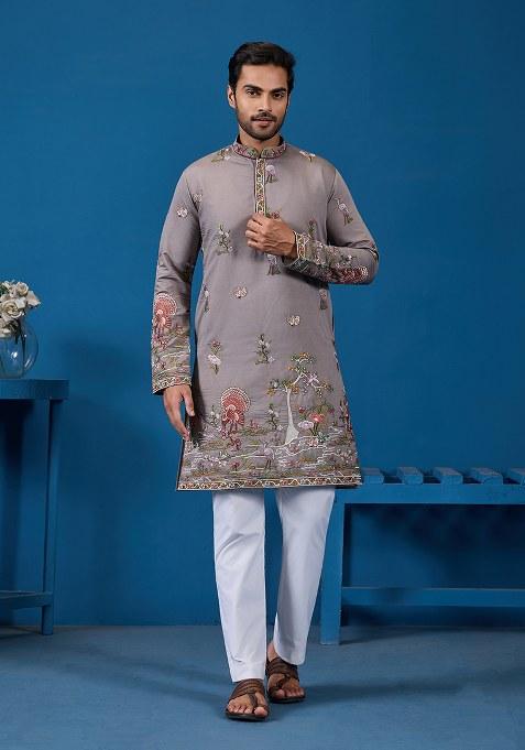 Gray Thread And Sequence Work Silk Kurta Set For Men