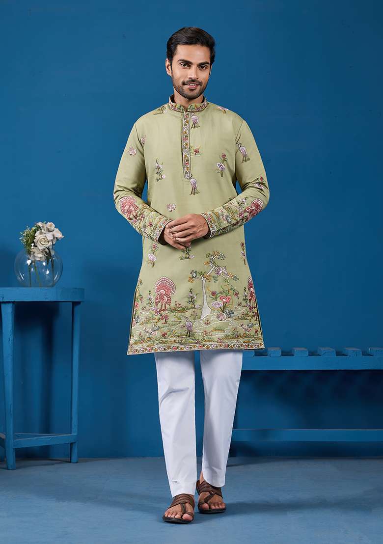 Pista Green Thread And Sequence Work Silk Blend Kurta Set For Men - Indya