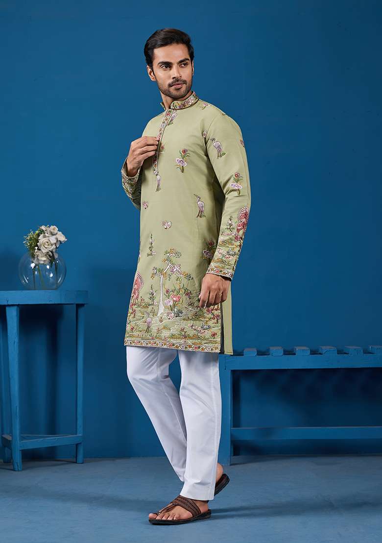 Pista Green Thread And Sequence Work Silk Blend Kurta Set For Men - Indya