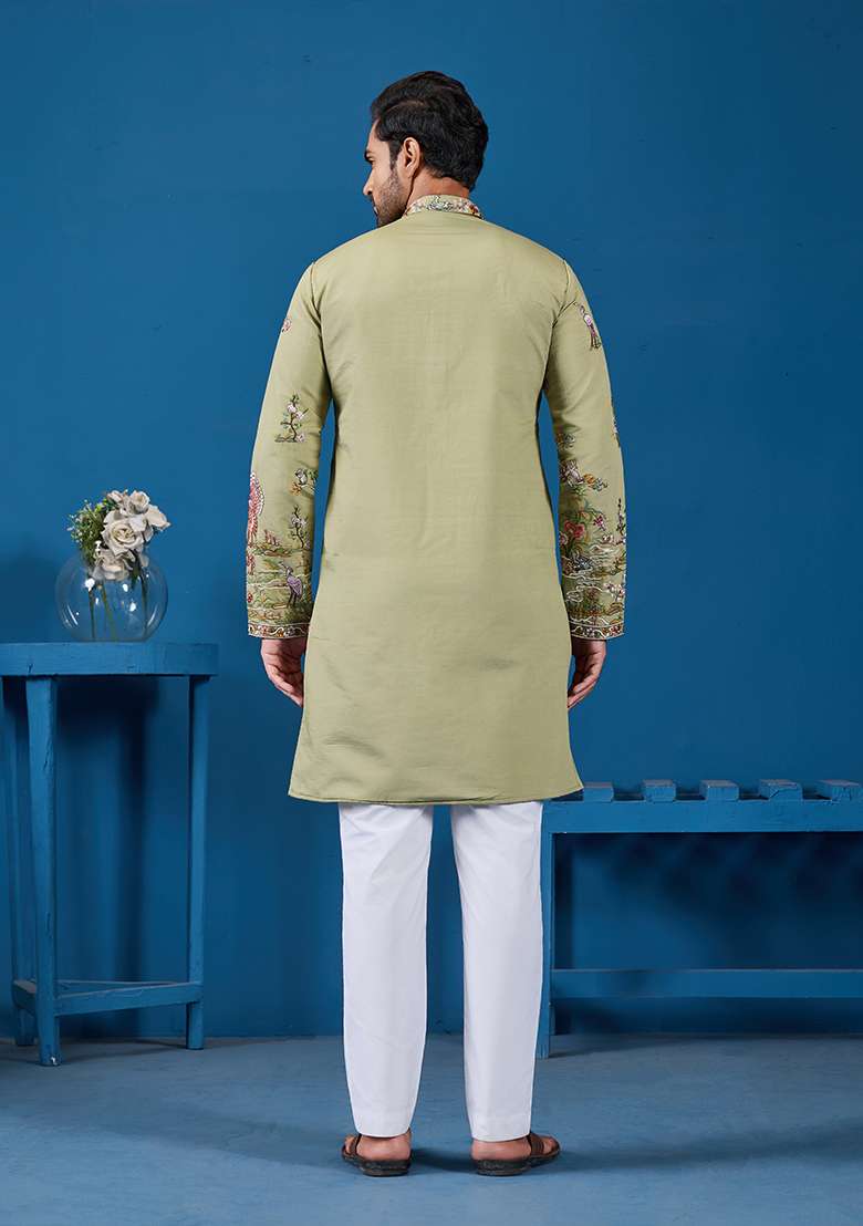 Pista Green Thread And Sequence Work Silk Blend Kurta Set For Men - Indya