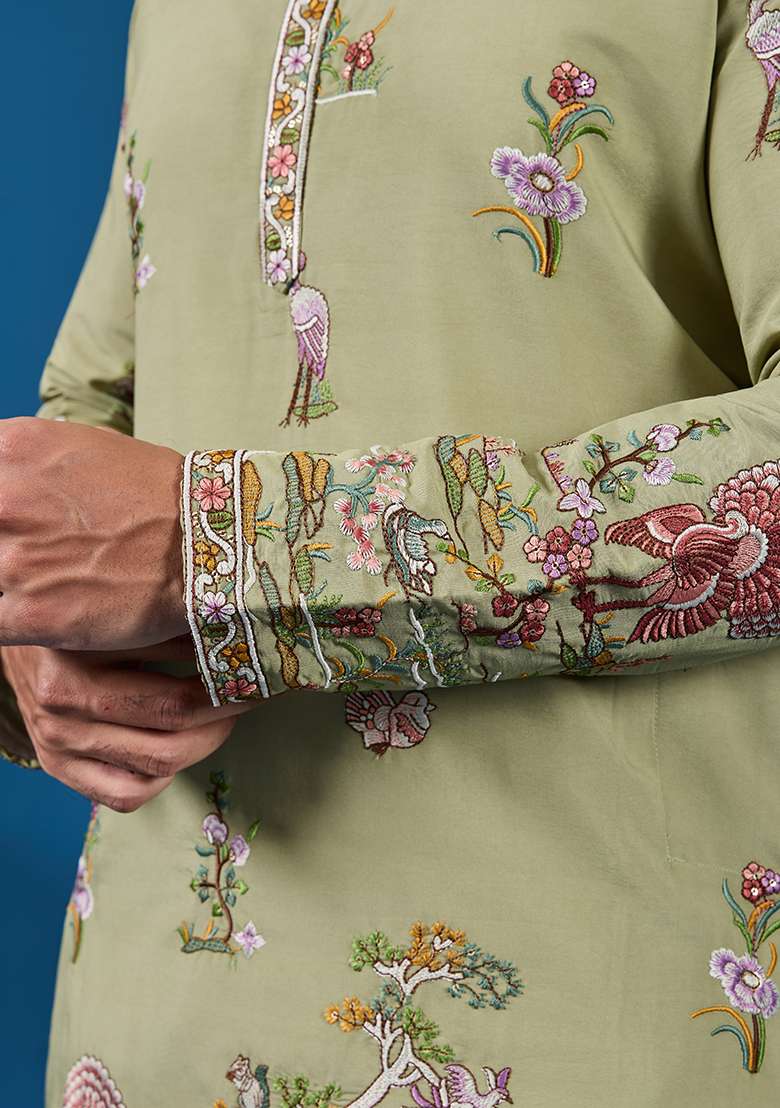 Pista Green Thread And Sequence Work Silk Blend Kurta Set For Men - Indya