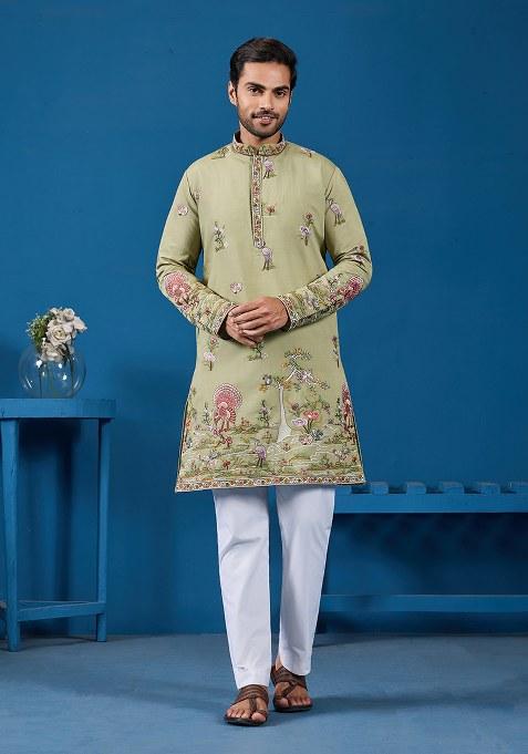 Pista Green Thread And Sequence Work Silk Kurta Set For Men