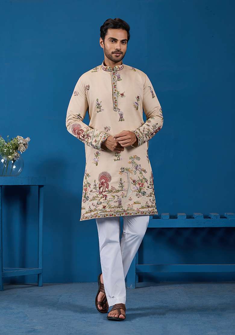 Beige Thread And Sequence Work Silk Blend Kurta Set For Men - Indya