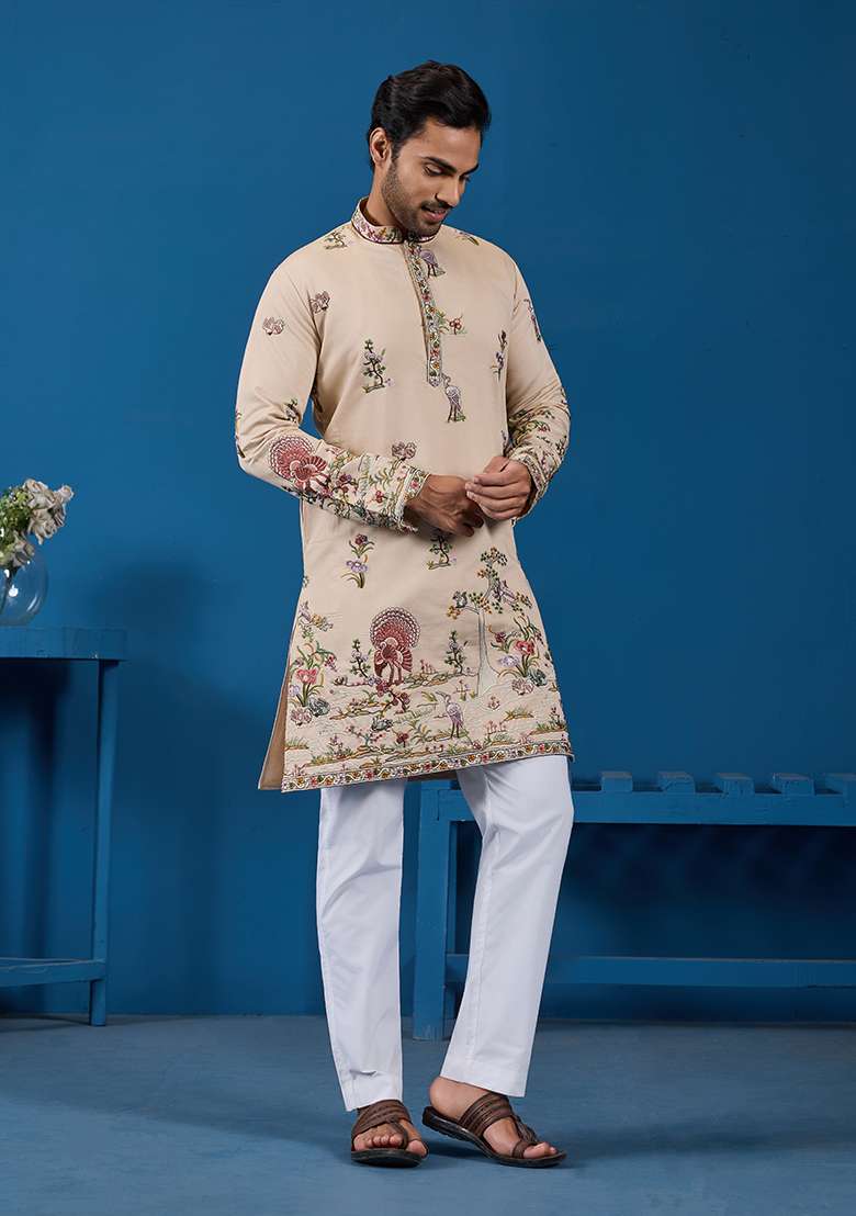 Beige Thread And Sequence Work Silk Blend Kurta Set For Men - Indya