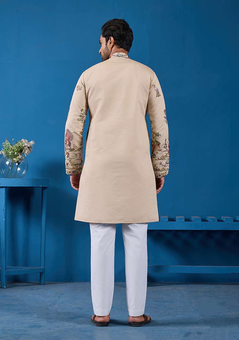 Beige Thread And Sequence Work Silk Blend Kurta Set For Men - Indya