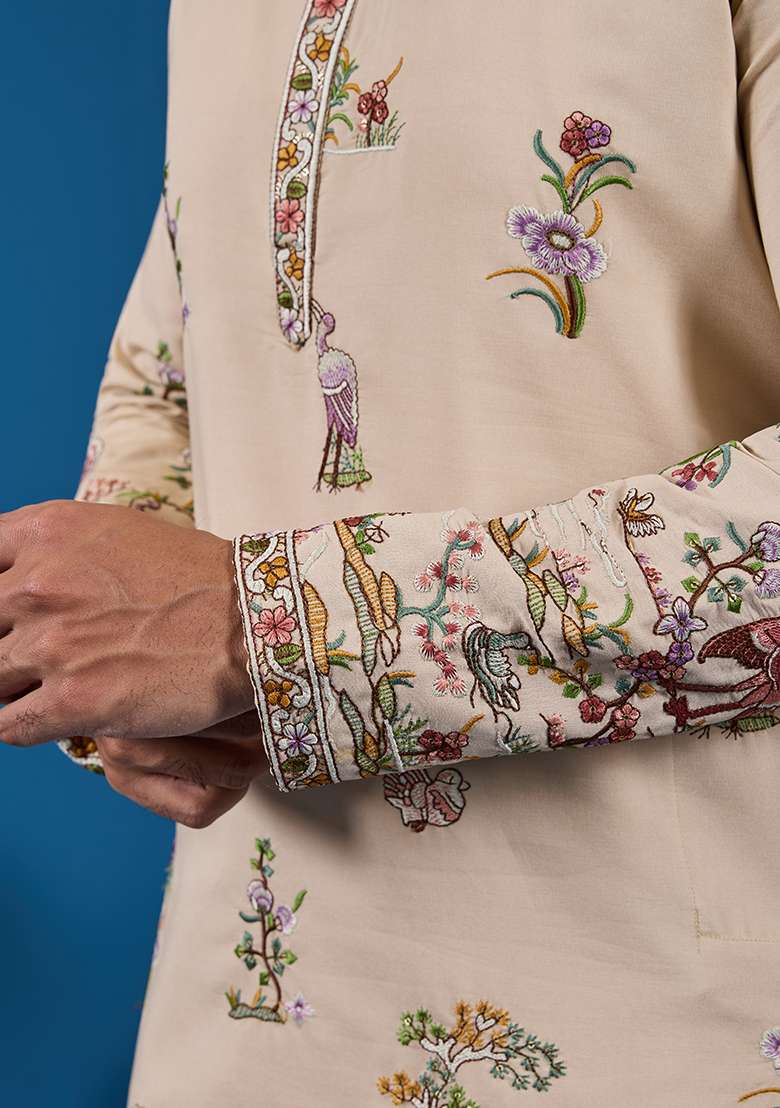 Beige Thread And Sequence Work Silk Blend Kurta Set For Men - Indya