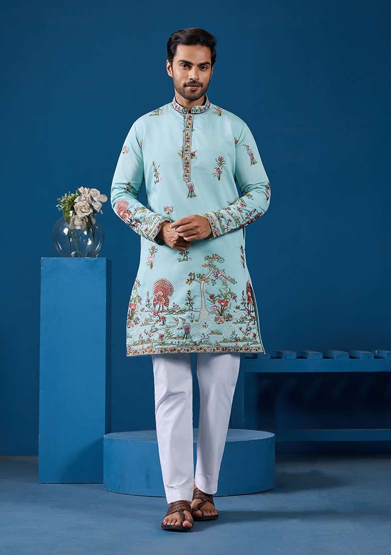 Sky Blue Thread And Sequence Work Silk Blend Kurta Set For Men - Indya
