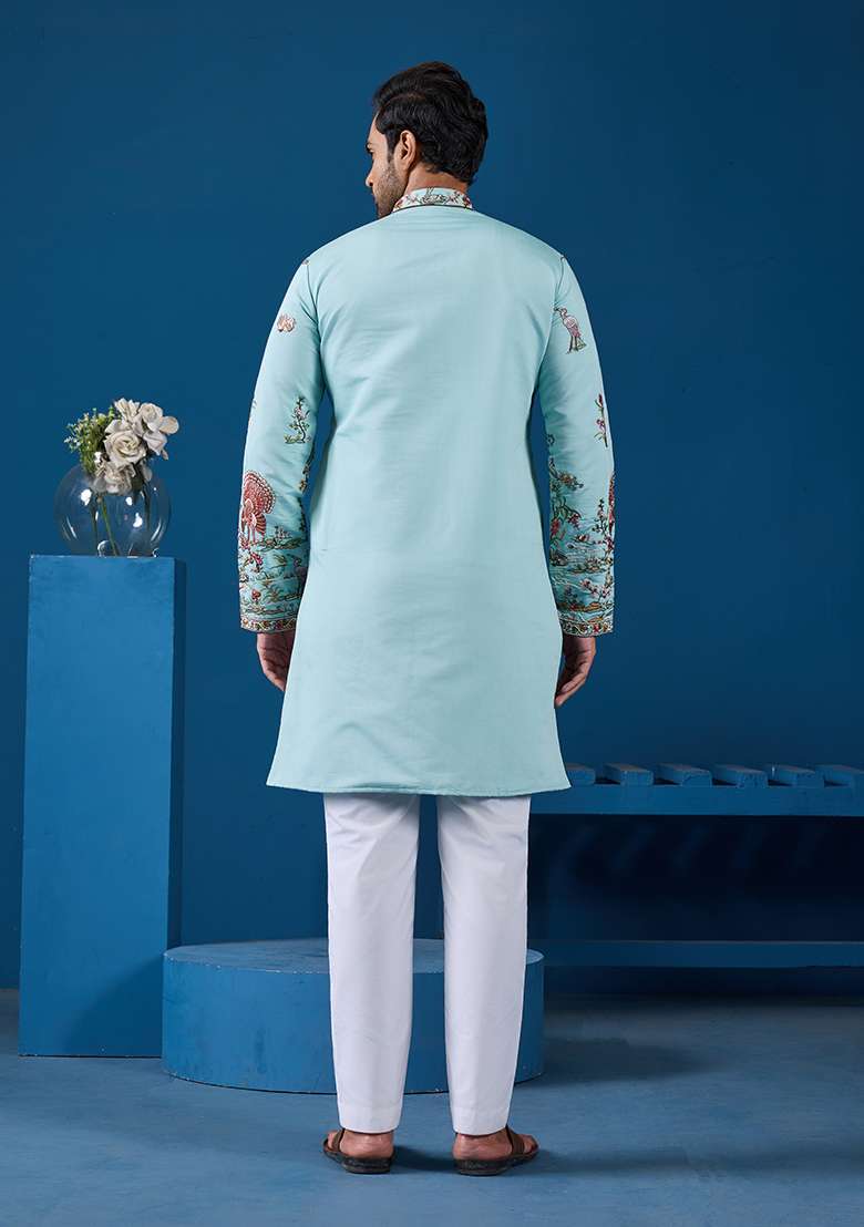 Sky Blue Thread And Sequence Work Silk Blend Kurta Set For Men - Indya