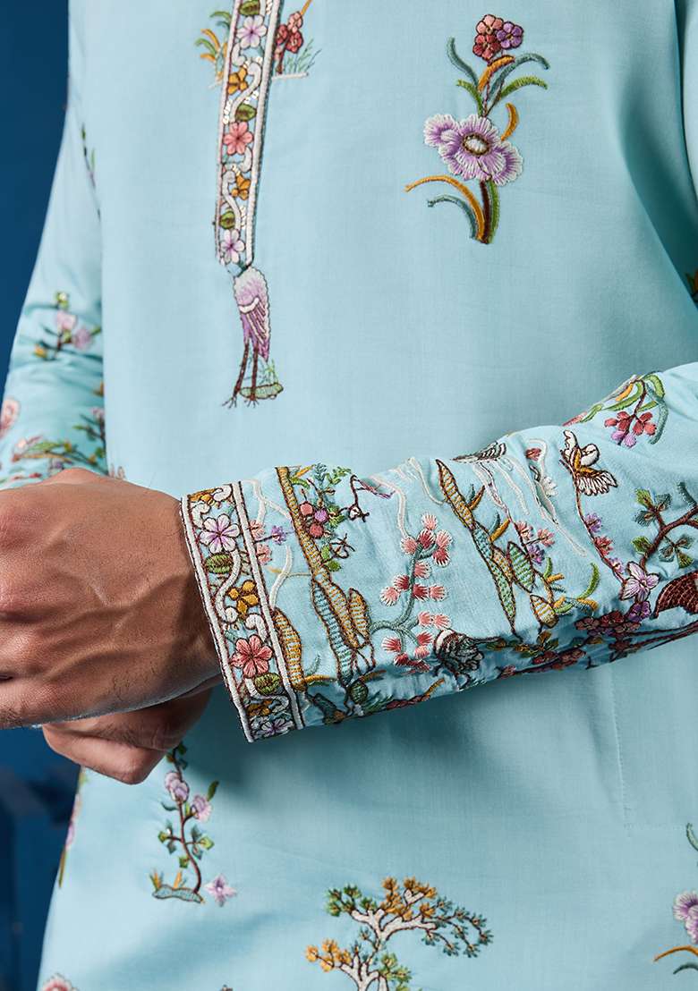 Sky Blue Thread And Sequence Work Silk Blend Kurta Set For Men - Indya