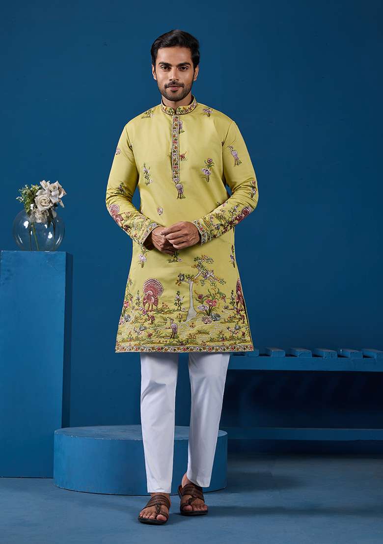 Yellow Thread And Sequence Work Silk Blend Kurta Set For Men - Indya