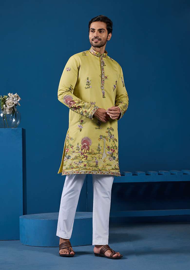Yellow Thread And Sequence Work Silk Blend Kurta Set For Men - Indya