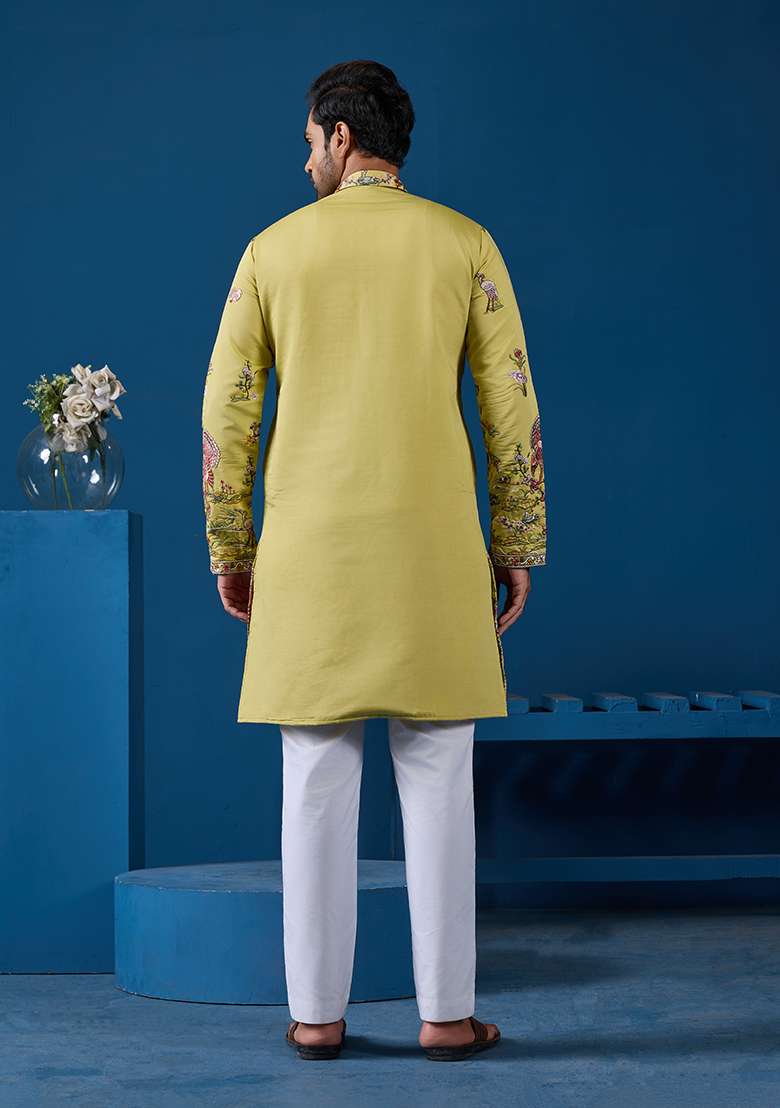 Yellow Thread And Sequence Work Silk Blend Kurta Set For Men - Indya