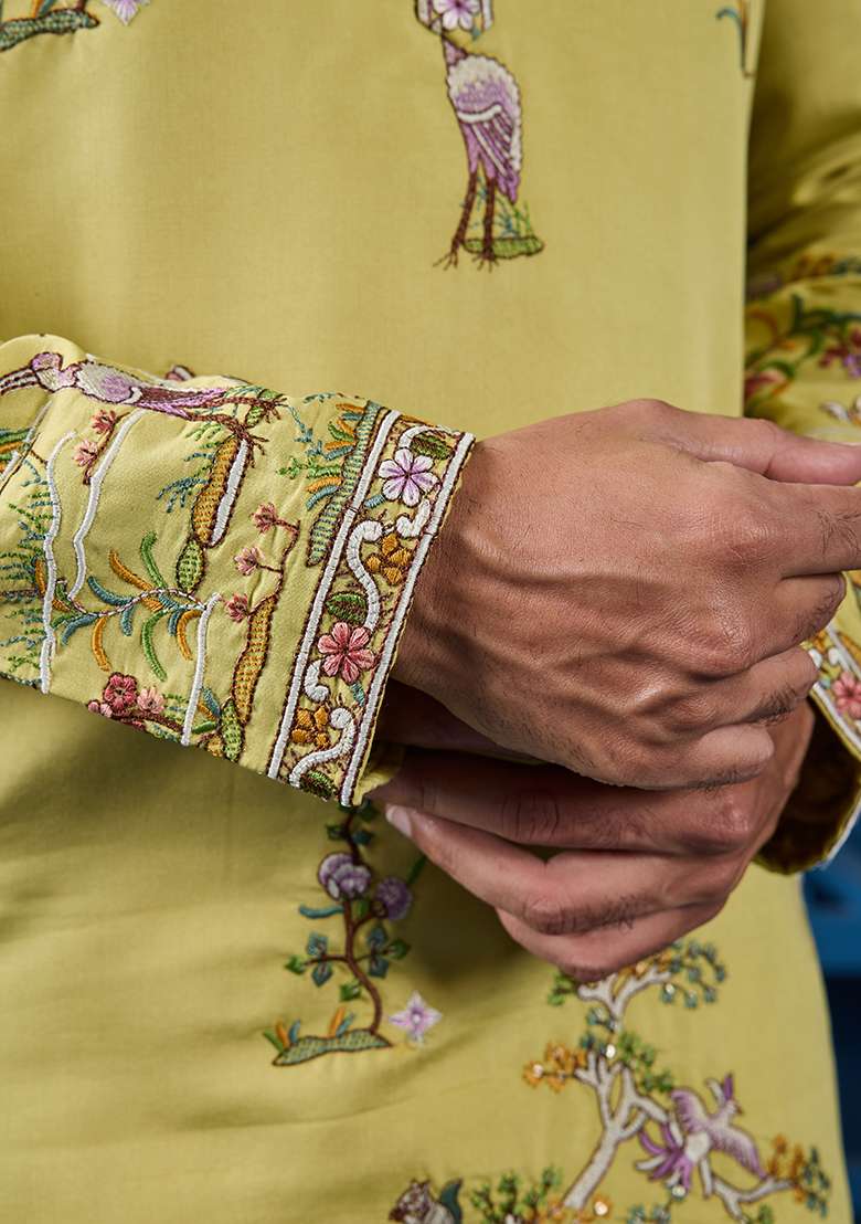 Yellow Thread And Sequence Work Silk Blend Kurta Set For Men - Indya