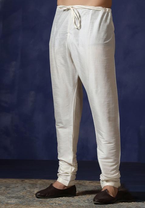 White Solid Banarasi Silk Churidar For Men
