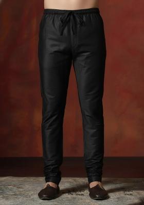 Black Solid Banarasi Silk Blend Churidar For Men