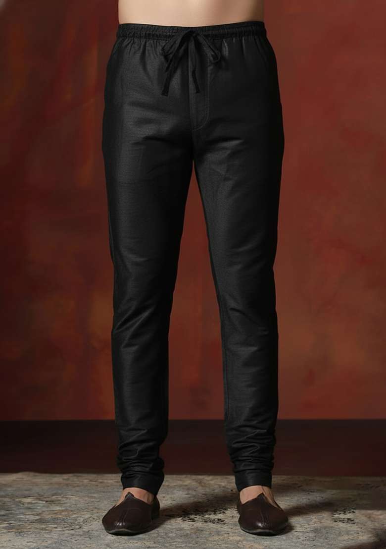 Black Solid Banarasi Silk Blend Churidar For Men - Indya