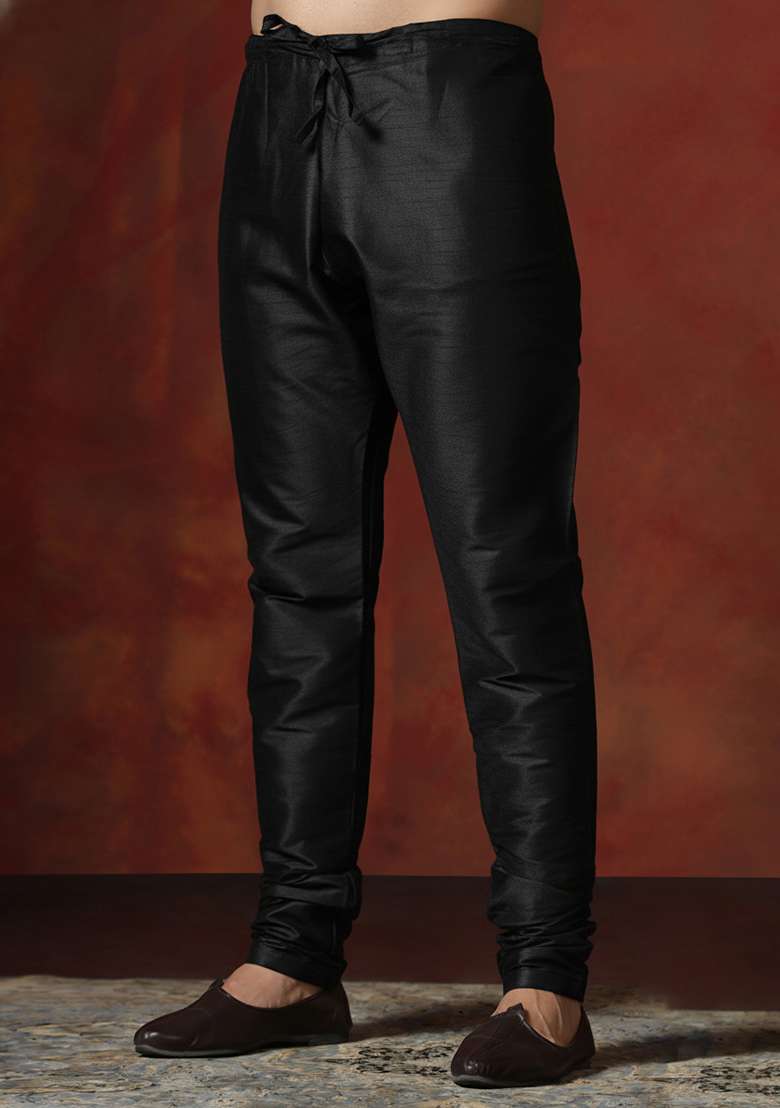 Black Solid Banarasi Silk Blend Churidar For Men - Indya