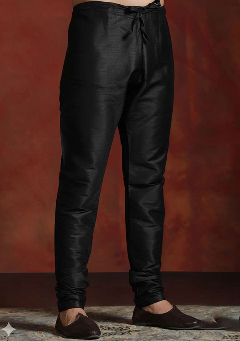 Black Solid Banarasi Silk Blend Churidar For Men - Indya