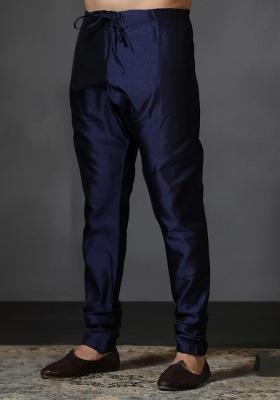 Blue Solid Banarasi Silk Blend Churidar For Men
