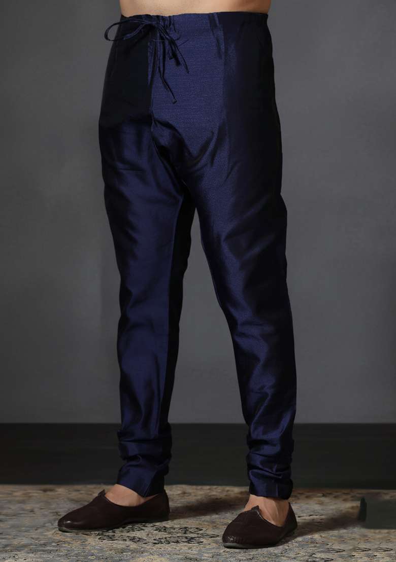 Blue Solid Banarasi Silk Blend Churidar For Men - Indya