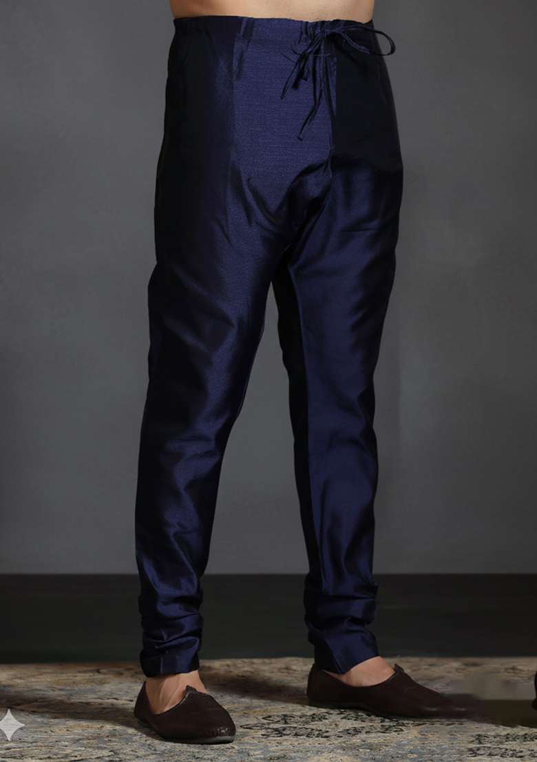 Blue Solid Banarasi Silk Blend Churidar For Men - Indya