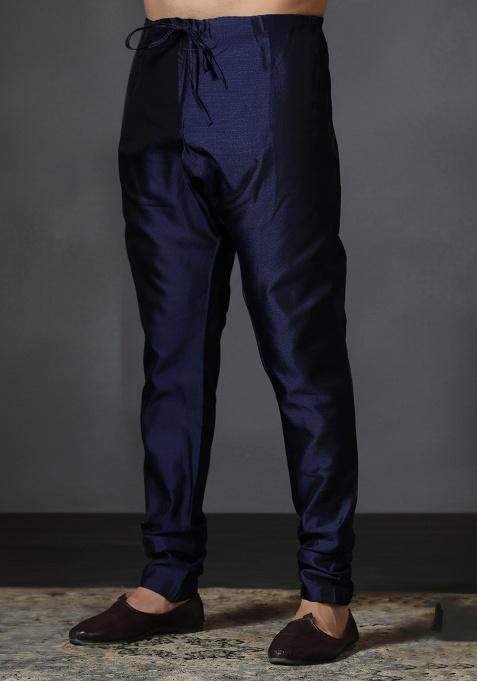 Blue Solid Banarasi Silk Churidar For Men