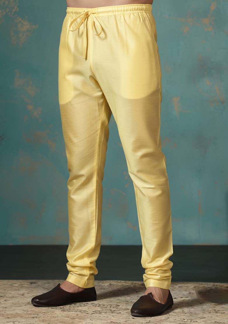Yellow Solid Banarasi Silk Blend Churidar For Men - Indya