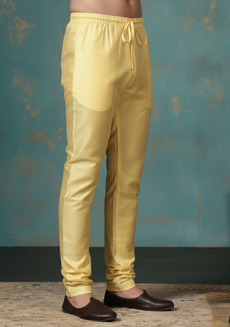 Yellow Solid Banarasi Silk Blend Churidar For Men - Indya