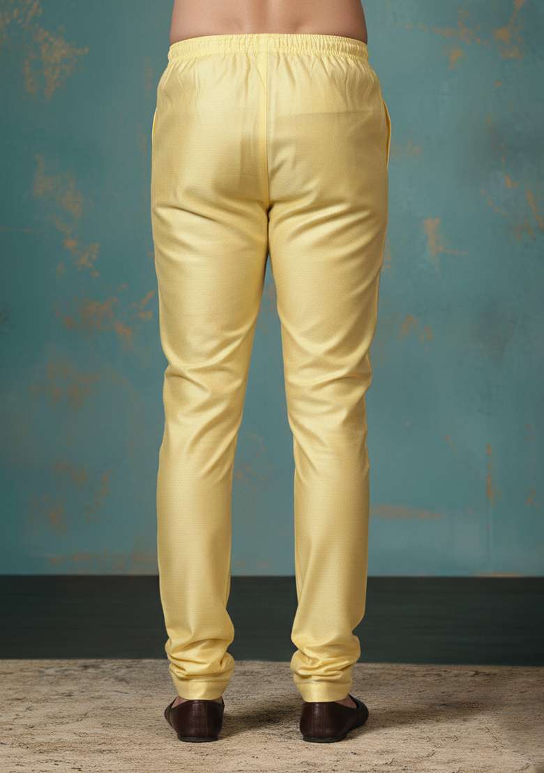 Yellow Solid Banarasi Silk Blend Churidar For Men - Indya