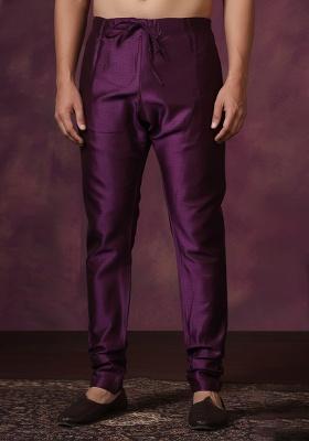 Purple Solid Banarasi Silk Churidar For Men