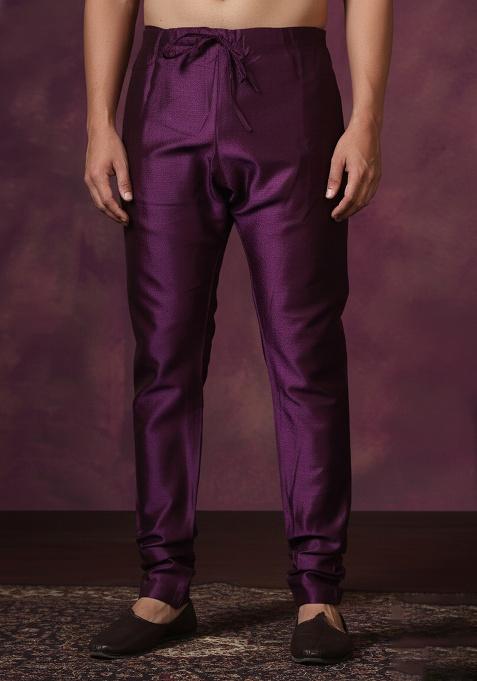 Purple Solid Banarasi Silk Churidar For Men